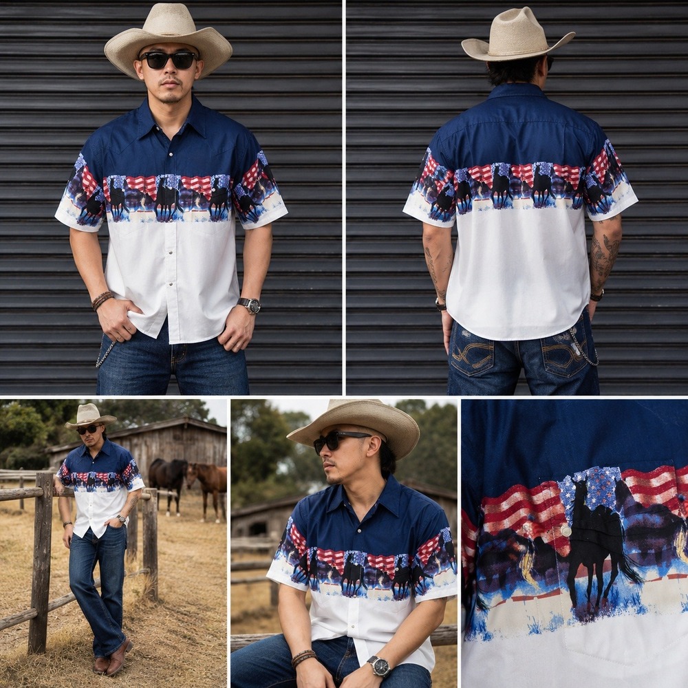 Cumberland Outfitters Mens Large Western Snap Shirt Patriotic Horse Flag Navy